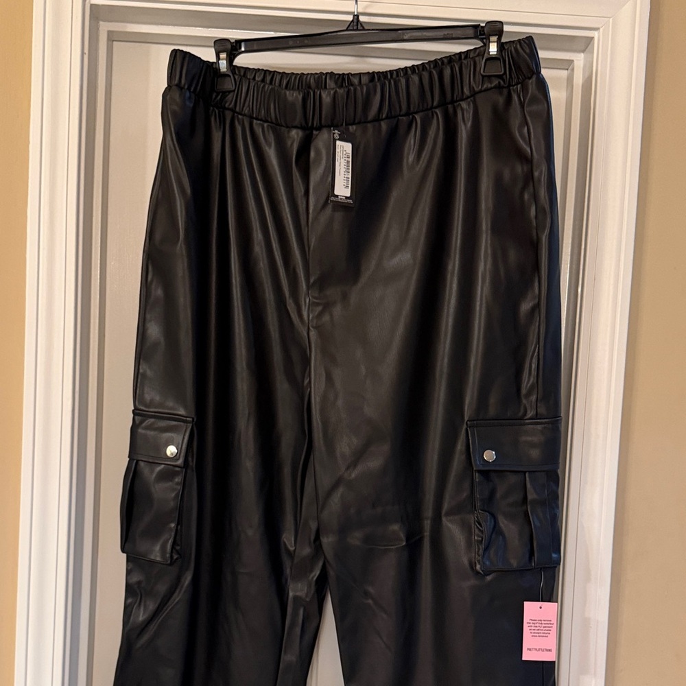 Black Faux Leather Cargo Pants